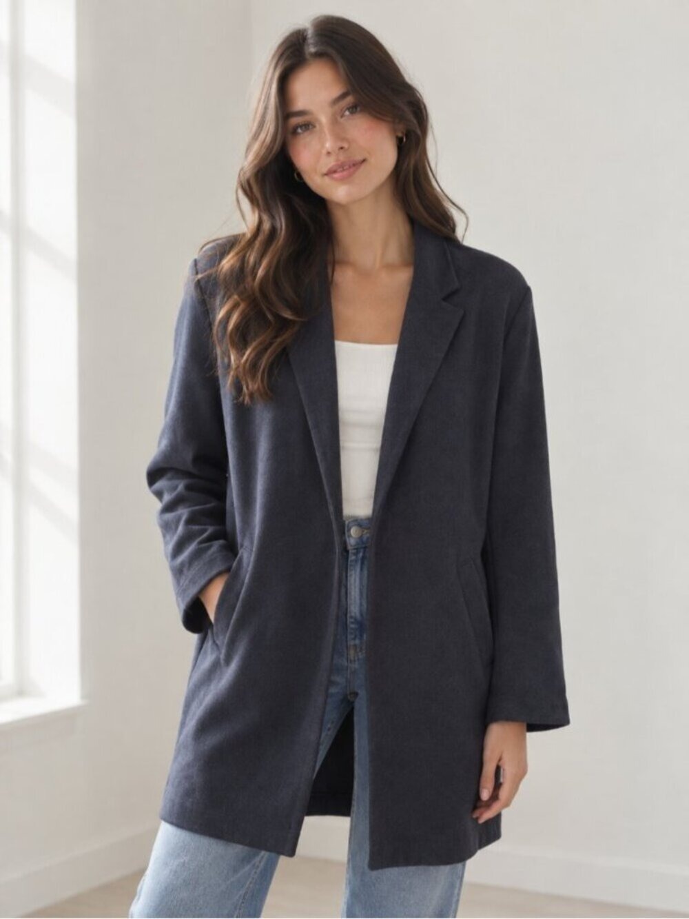 Terrera Dark Blue Gray Open-Front Long Cardigan Small 0898
